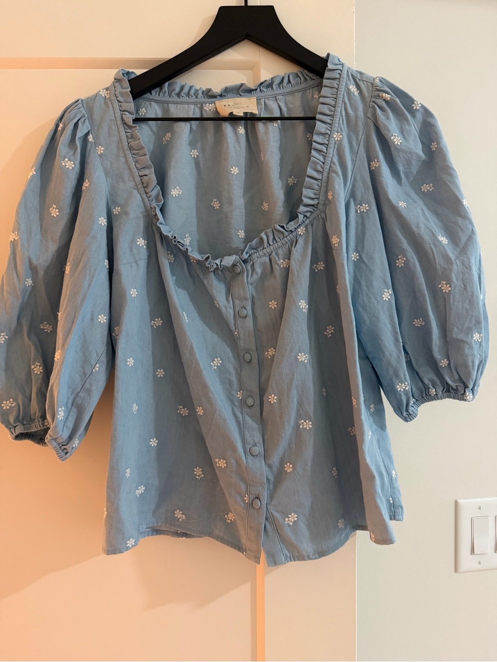 Light Blue Embroidered Puff Sleeve Button-Front Top